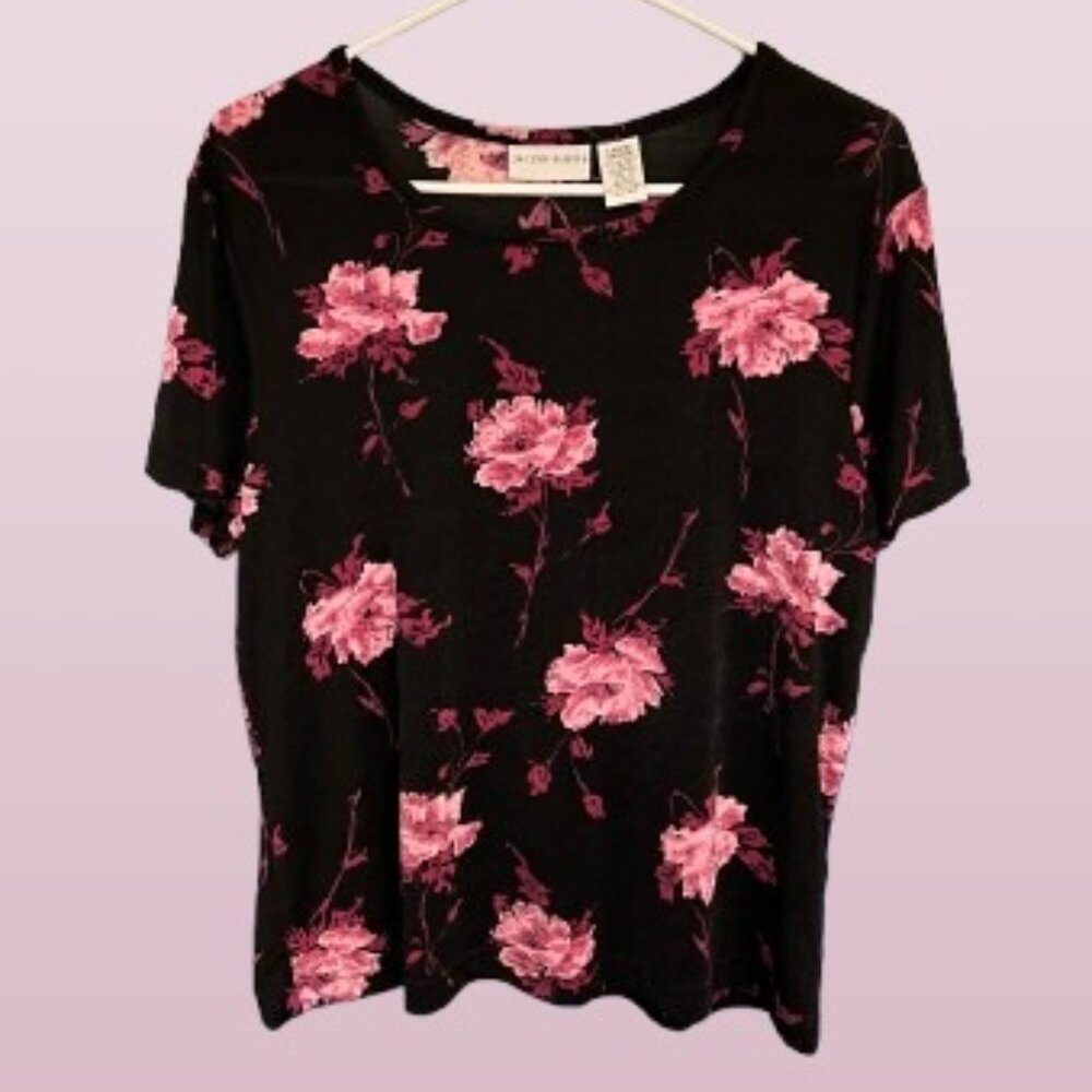 Jaclyn Smith Pink Rose Floral Print Top Size L